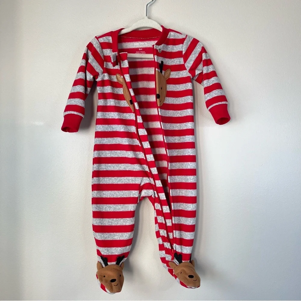 Carter's Baby 6M Red & Gray Striped Fleece Footie Cute Reindeer Feet Holiday